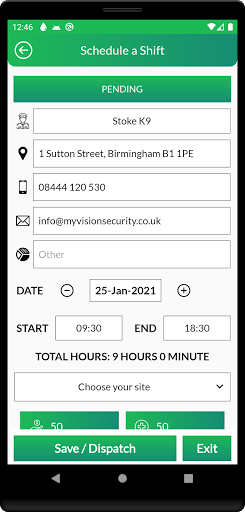 Shift schedule for a security officer in the SMS-Patrol app