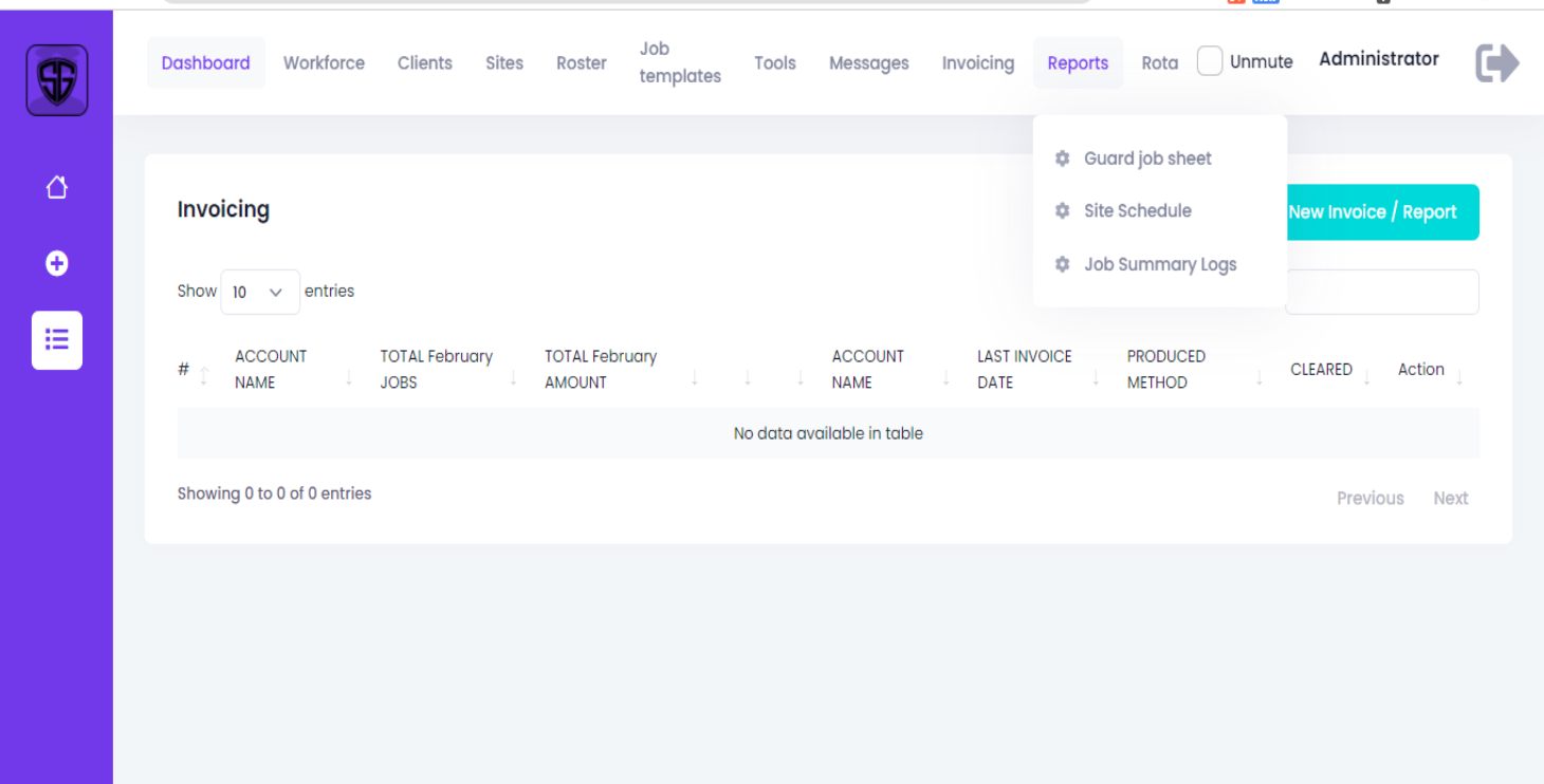 Reports screen in the SMS-Patrol guard management dashboard
