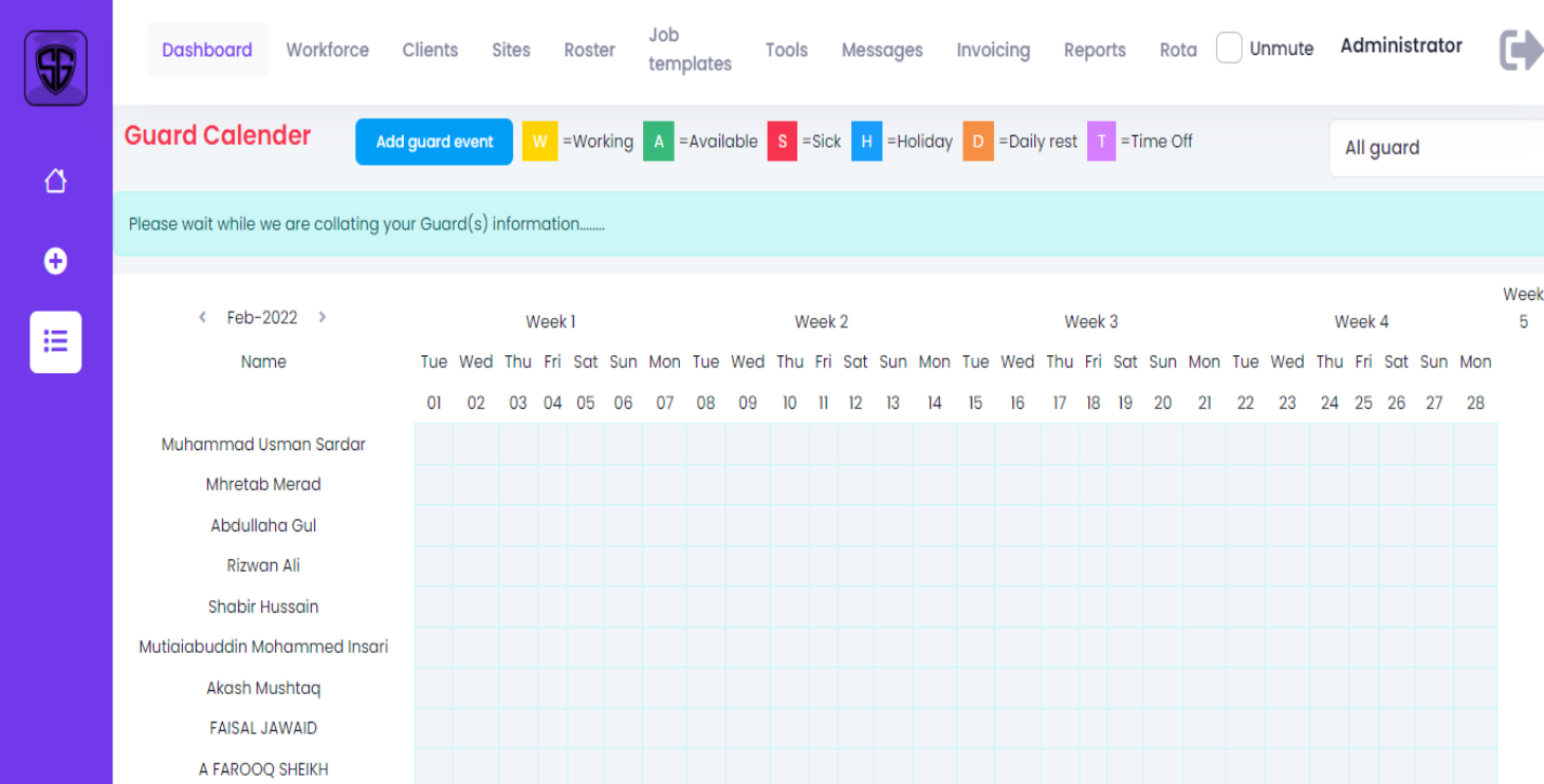 Guard calendar screen in the SMS-Patrol guard management dashboard