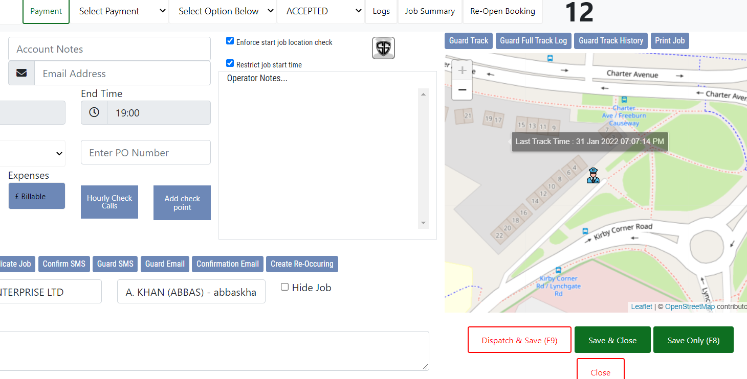 Job dialog screen in the SMS-Patrol guard management dashboard