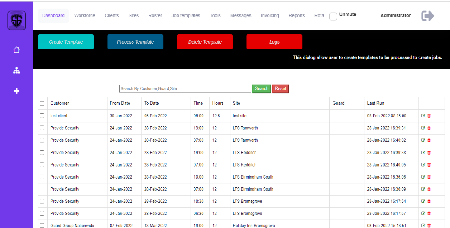 Templates screen in the SMS-Patrol guard management dashboard