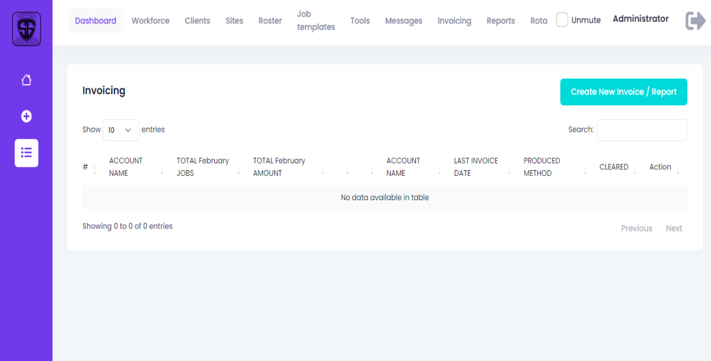 Invoicing screen in the SMS-Patrol guard management dashboard